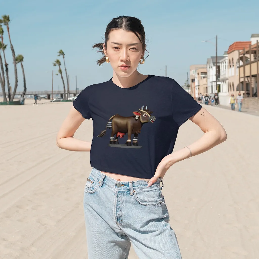 Dark Brown Cow Women's Flowy Cropped Tee
