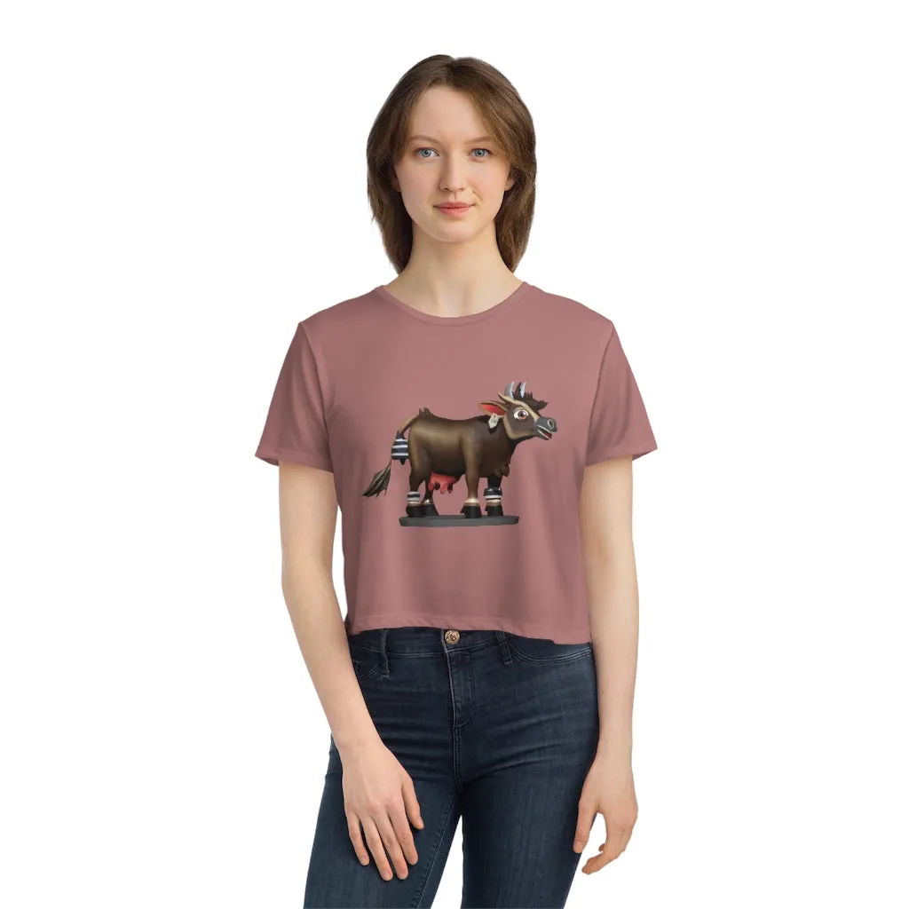 Dark Brown Cow Women's Flowy Cropped Tee