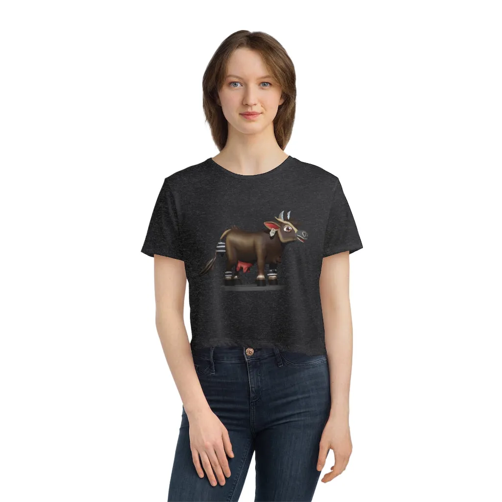 Dark Brown Cow Women's Flowy Cropped Tee
