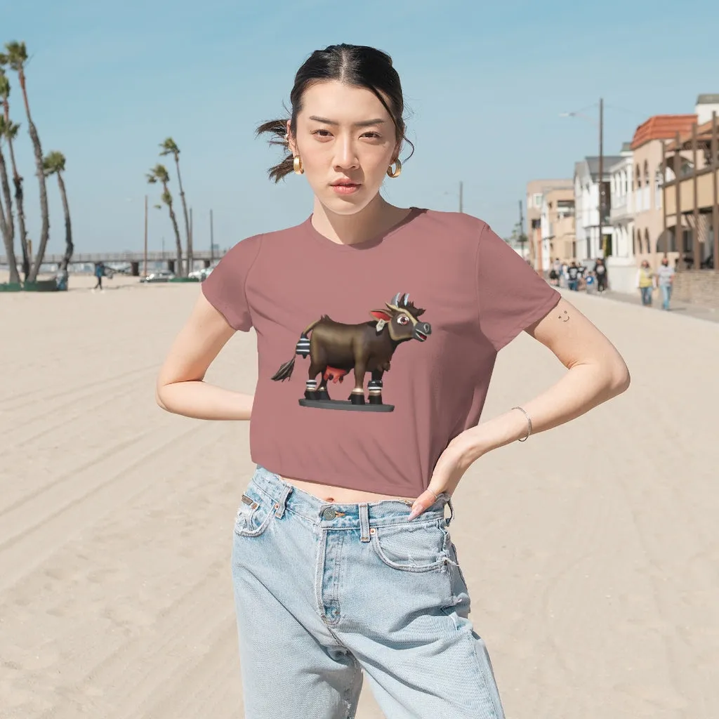 Dark Brown Cow Women's Flowy Cropped Tee
