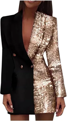 Double Breasted Sequin Blazer Dress for Women Sexy Colorblock Long Blazers Jackets Formal Evening Party Club Outfits