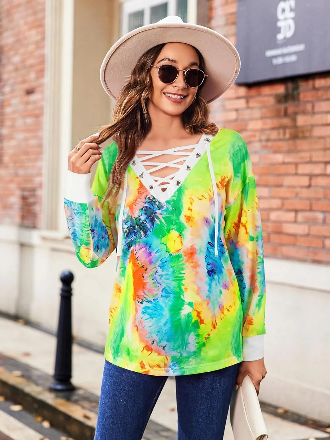 FAIRY SEASON Women's Long Sleeve Shirts V Neck Lace Up Casual Lightweight Loose Fit Tunic Tops 2025