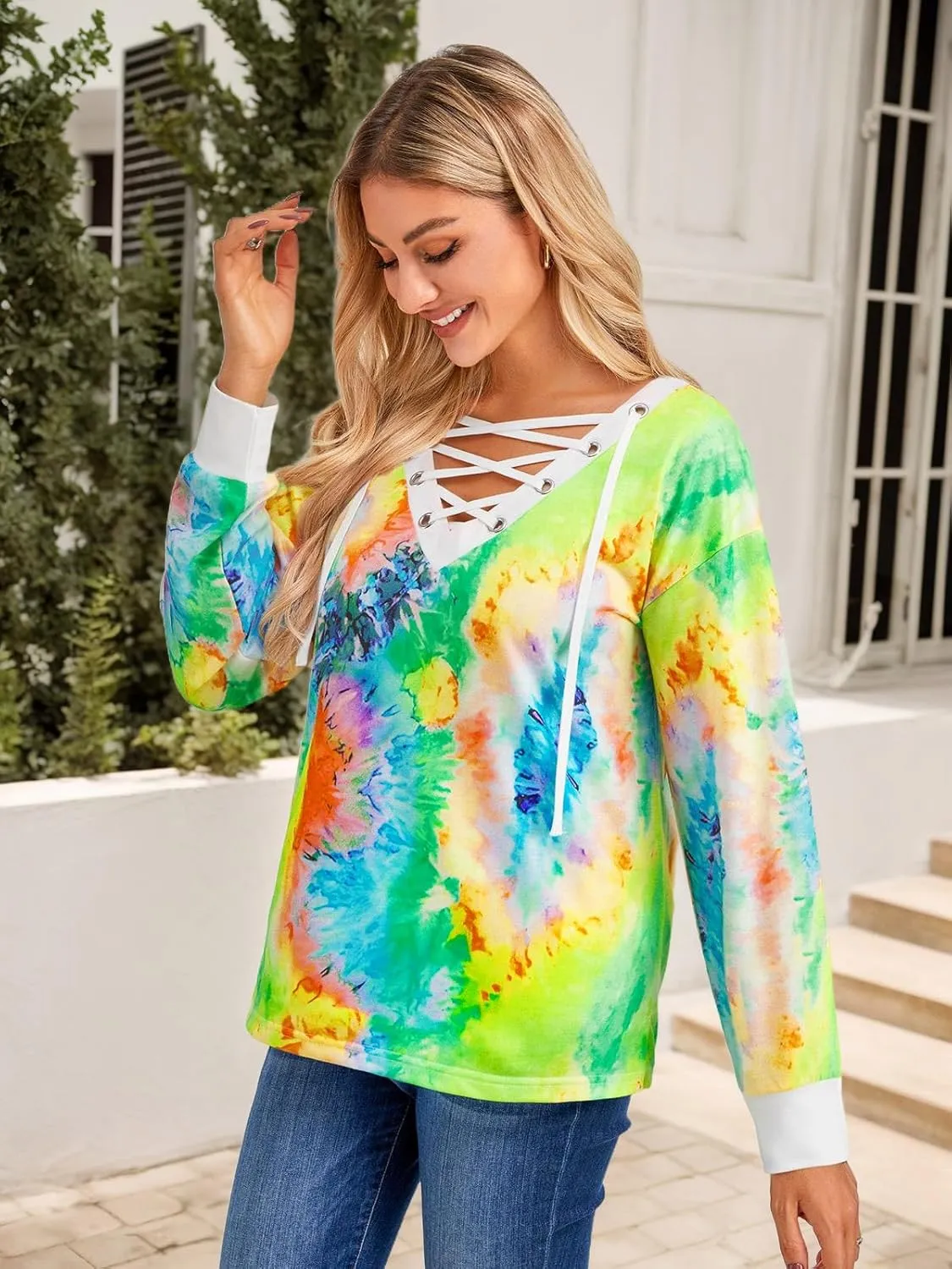 FAIRY SEASON Women's Long Sleeve Shirts V Neck Lace Up Casual Lightweight Loose Fit Tunic Tops 2025