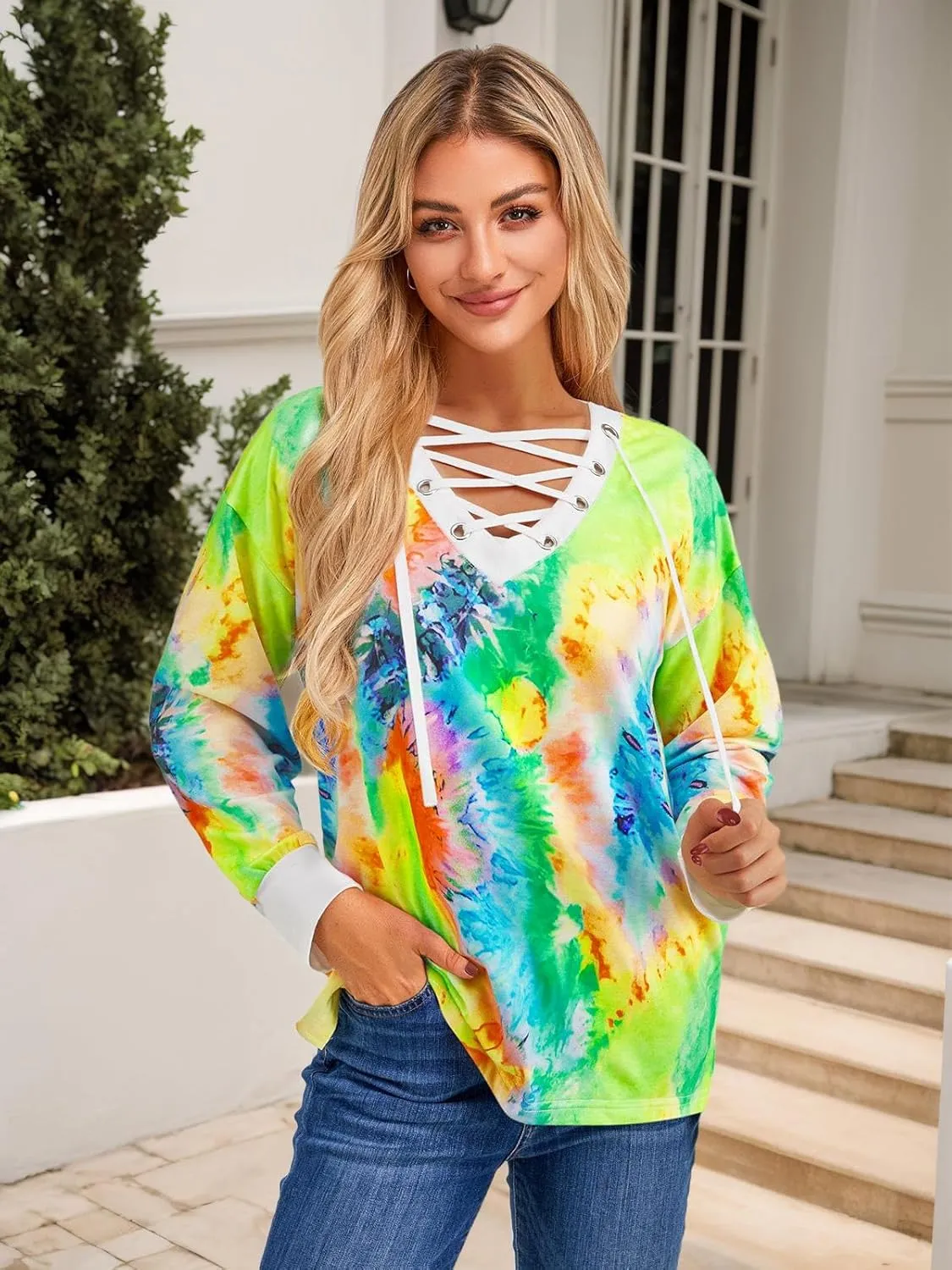 FAIRY SEASON Women's Long Sleeve Shirts V Neck Lace Up Casual Lightweight Loose Fit Tunic Tops 2025