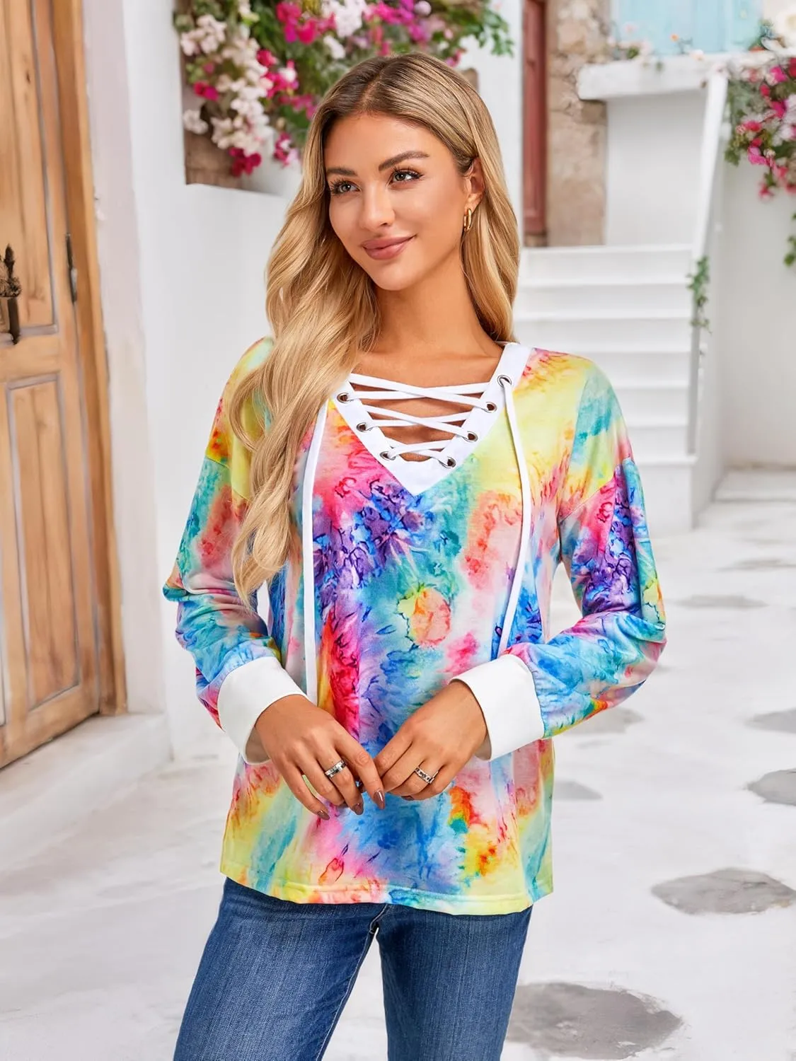 FAIRY SEASON Women's Long Sleeve Shirts V Neck Lace Up Casual Lightweight Loose Fit Tunic Tops 2025