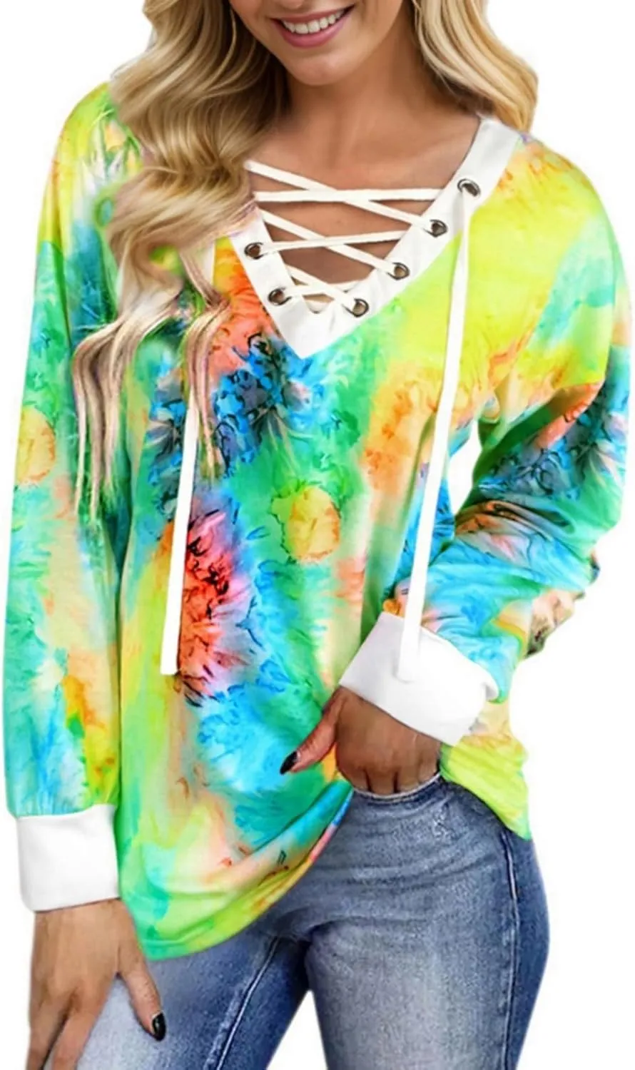 FAIRY SEASON Women's Long Sleeve Shirts V Neck Lace Up Casual Lightweight Loose Fit Tunic Tops 2025