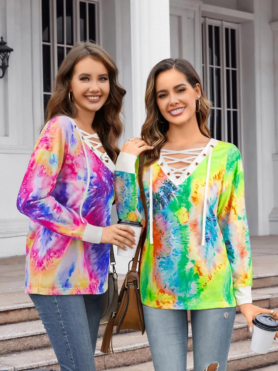 FAIRY SEASON Women's Long Sleeve Shirts V Neck Lace Up Casual Lightweight Loose Fit Tunic Tops 2025