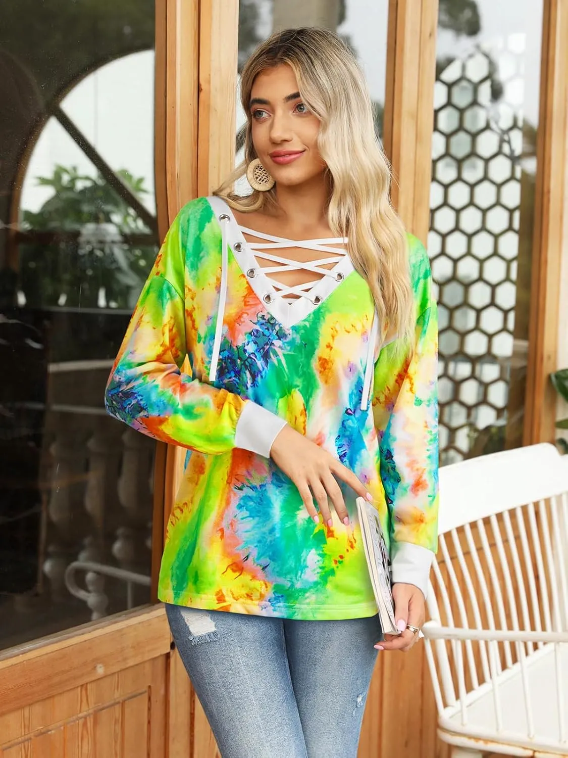 FAIRY SEASON Women's Long Sleeve Shirts V Neck Lace Up Casual Lightweight Loose Fit Tunic Tops 2025