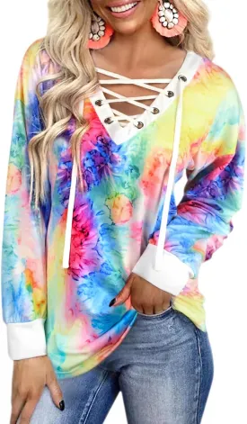 FAIRY SEASON Women's Long Sleeve Shirts V Neck Lace Up Casual Lightweight Loose Fit Tunic Tops 2025