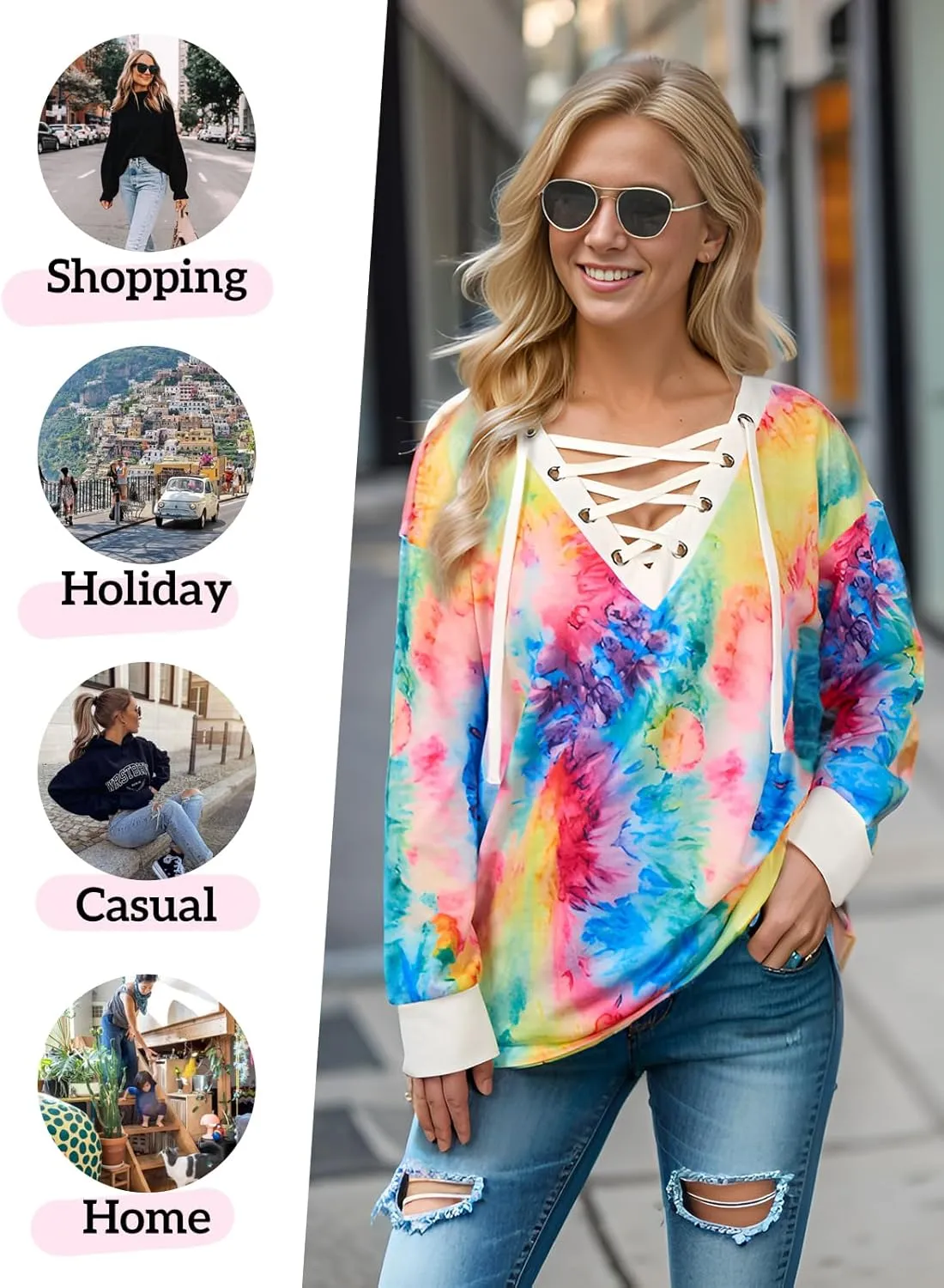 FAIRY SEASON Women's Long Sleeve Shirts V Neck Lace Up Casual Lightweight Loose Fit Tunic Tops 2025