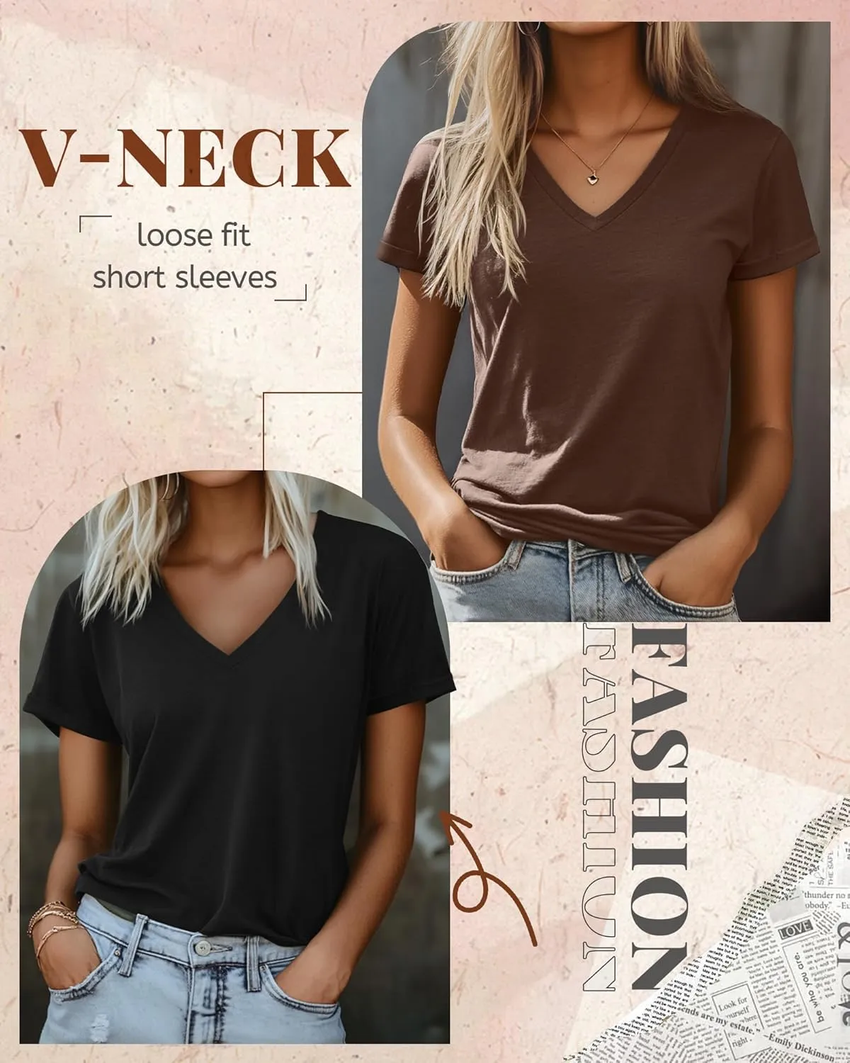 Ficerd 3 Pack Women's V Neck T Shirts, Cotton Summer Casual Short Sleeve Tops Loose Fit Rolled Sleeve Tees 2025 Trendy Shirts