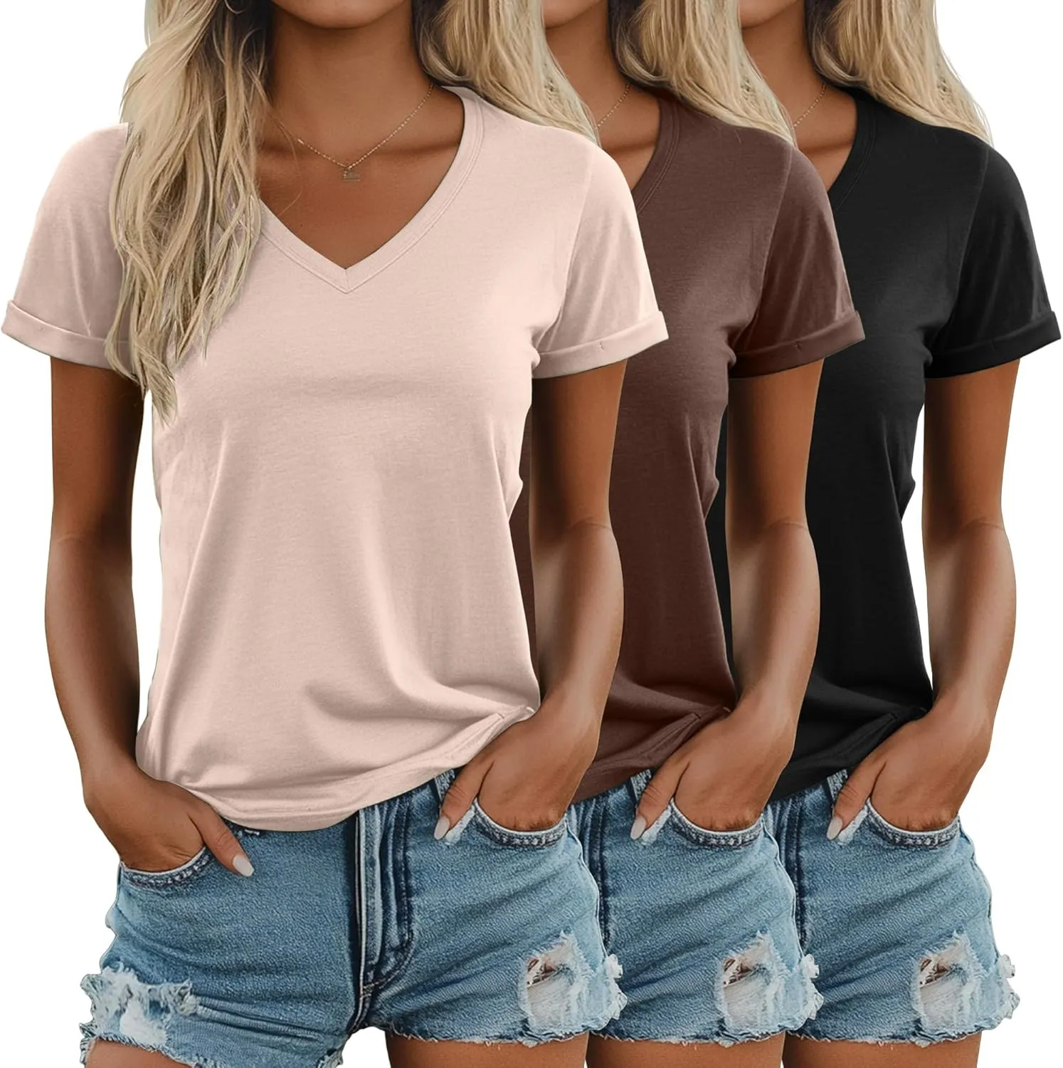 Ficerd 3 Pack Women's V Neck T Shirts, Cotton Summer Casual Short Sleeve Tops Loose Fit Rolled Sleeve Tees 2025 Trendy Shirts