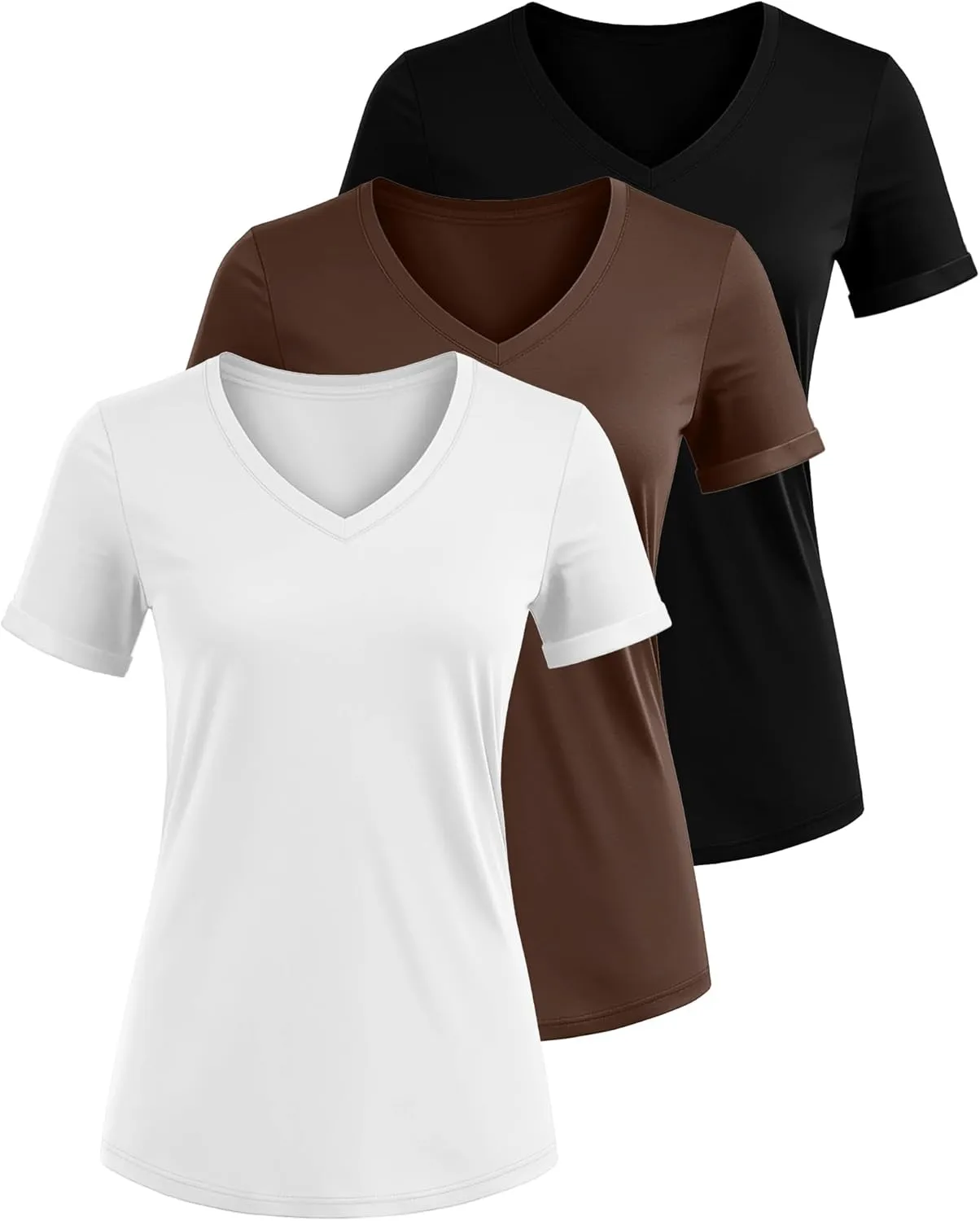 Ficerd 3 Pack Women's V Neck T Shirts, Cotton Summer Casual Short Sleeve Tops Loose Fit Rolled Sleeve Tees 2025 Trendy Shirts