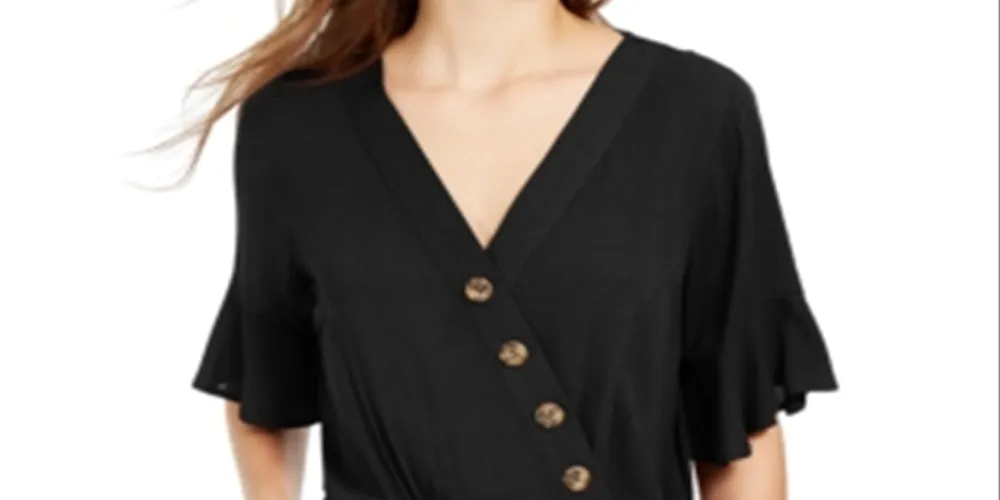 Gypsies & Moondust Juniors' Faux-Wrap Bell-Sleeve Top Black Size Small