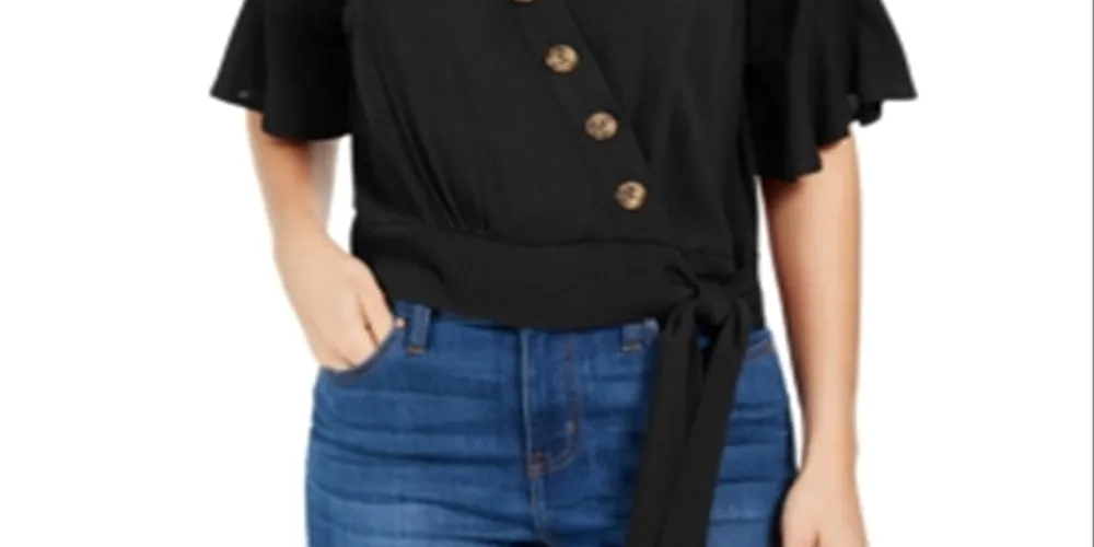 Gypsies & Moondust Juniors' Faux-Wrap Bell-Sleeve Top Black Size Small