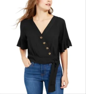 Gypsies & Moondust Juniors' Faux-Wrap Bell-Sleeve Top Black Size Small