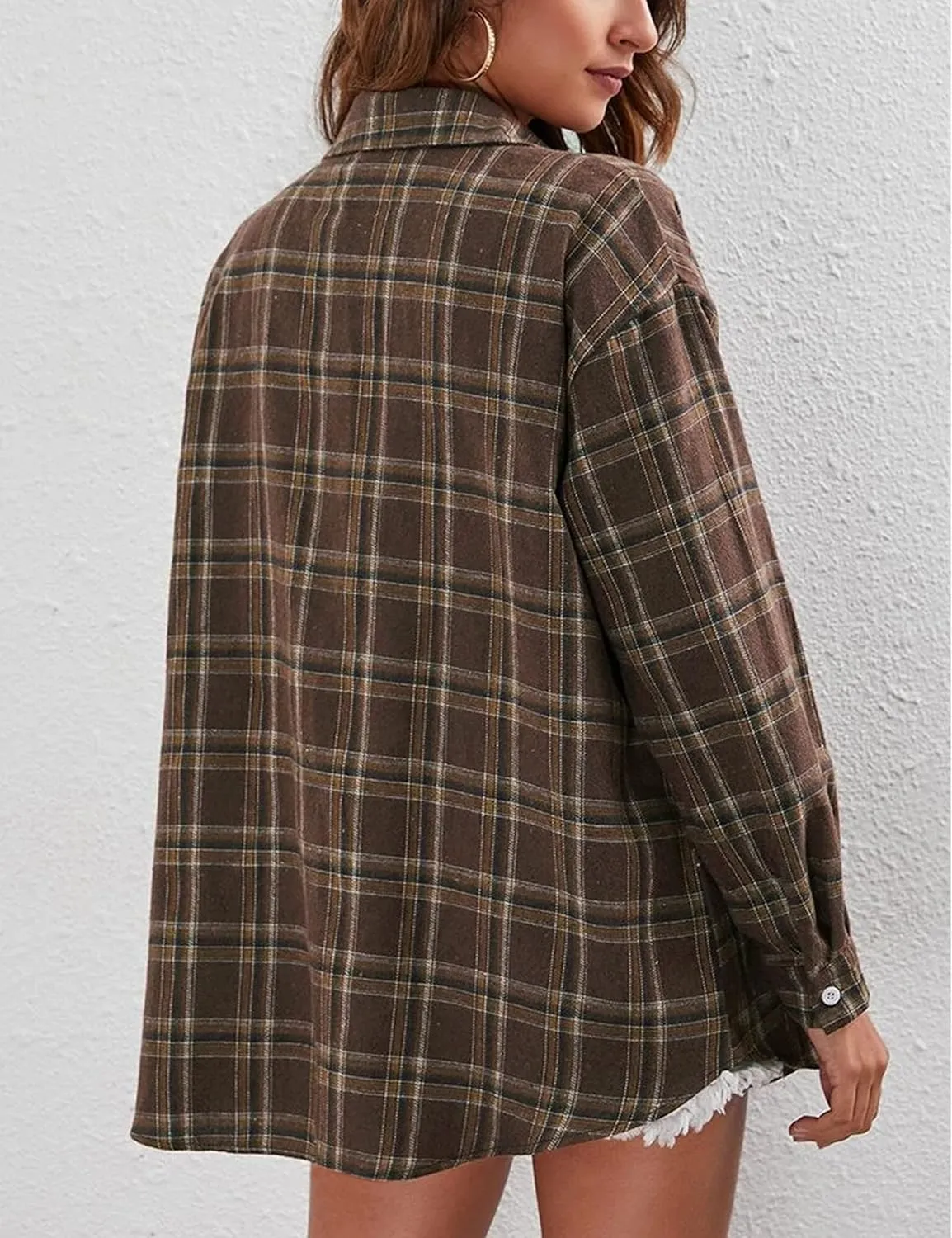 HangNiFang Womens Flannel Plaid Shirts Oversized Button Down Shirts Blouse Tops