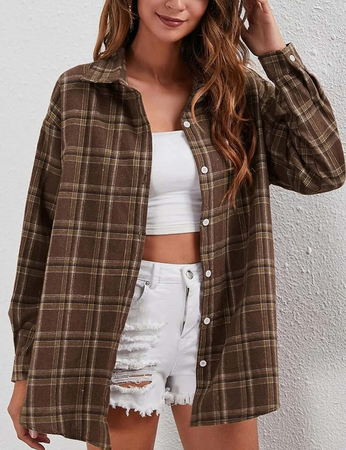 HangNiFang Womens Flannel Plaid Shirts Oversized Button Down Shirts Blouse Tops