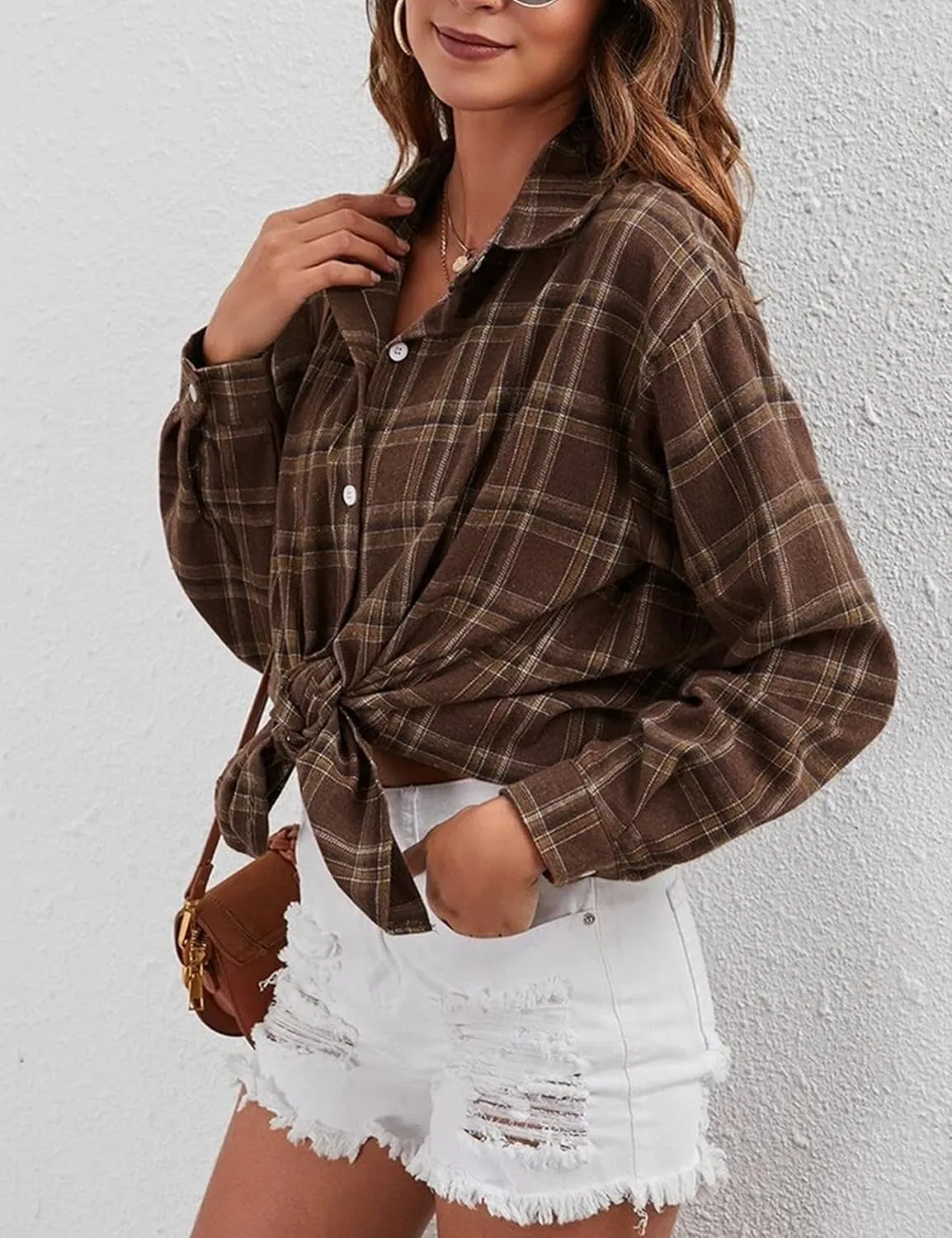 HangNiFang Womens Flannel Plaid Shirts Oversized Button Down Shirts Blouse Tops
