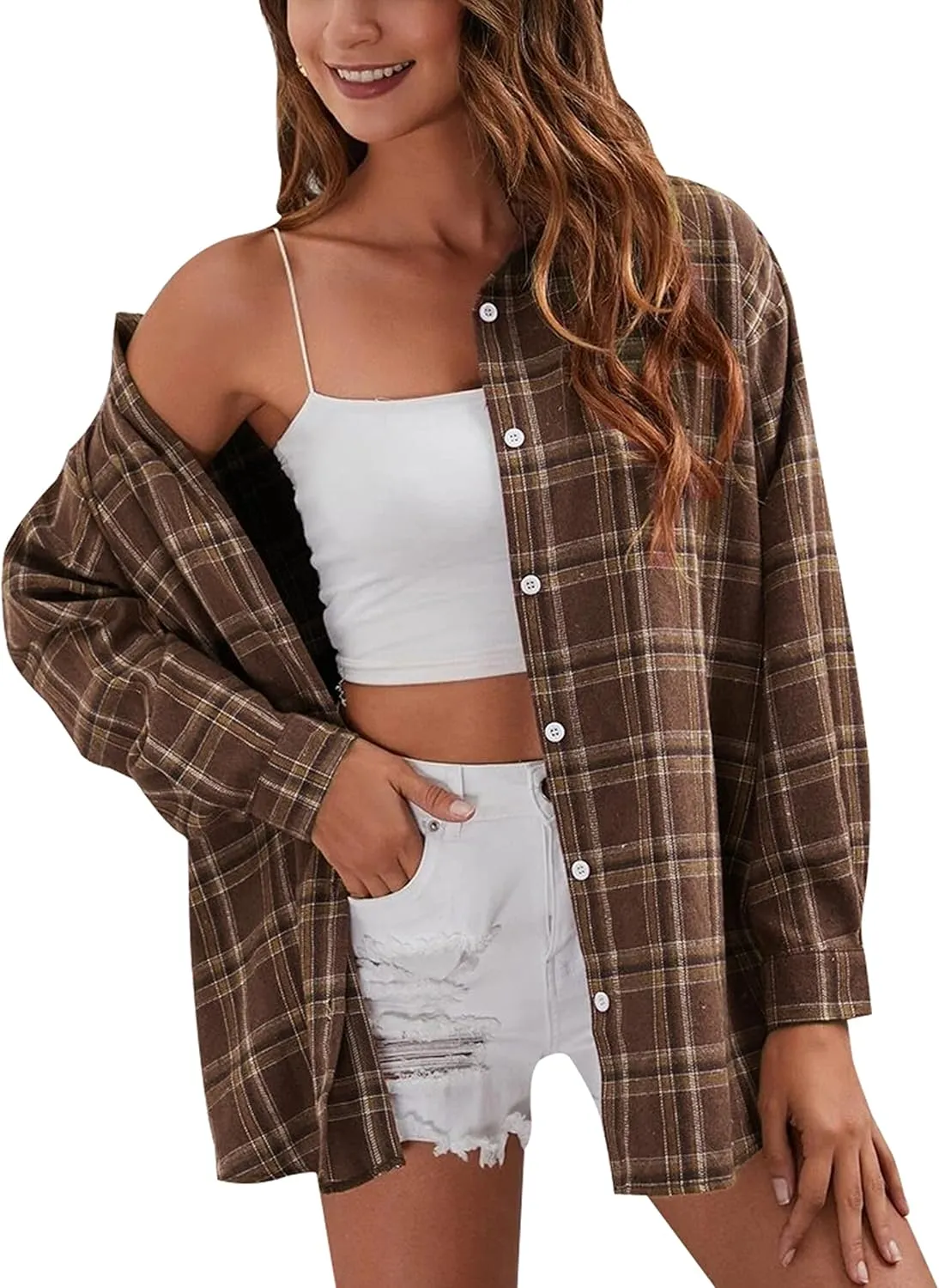 HangNiFang Womens Flannel Plaid Shirts Oversized Button Down Shirts Blouse Tops