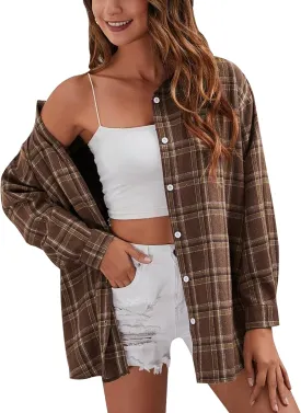 HangNiFang Womens Flannel Plaid Shirts Oversized Button Down Shirts Blouse Tops