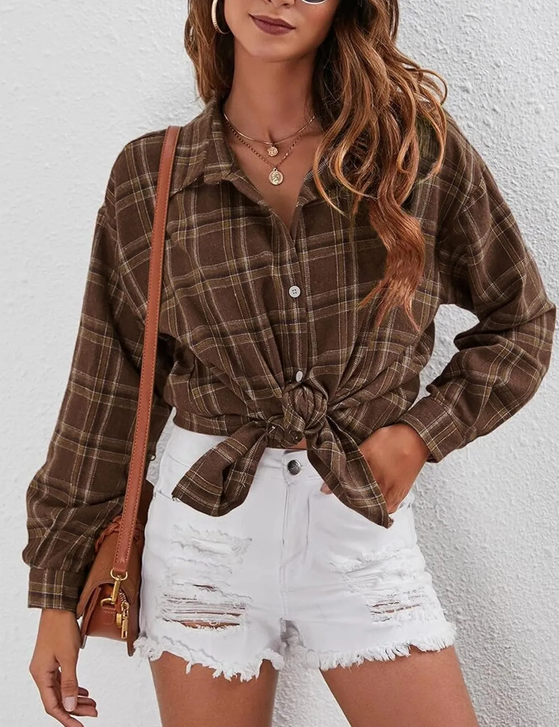 HangNiFang Womens Flannel Plaid Shirts Oversized Button Down Shirts Blouse Tops