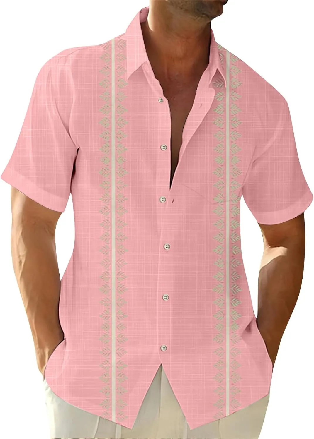 Hawaiian Shirt for Men Stretch V Neck Aloha Shirts Button Down Short Sleeve Blouse Tropical Blouses with Pocket