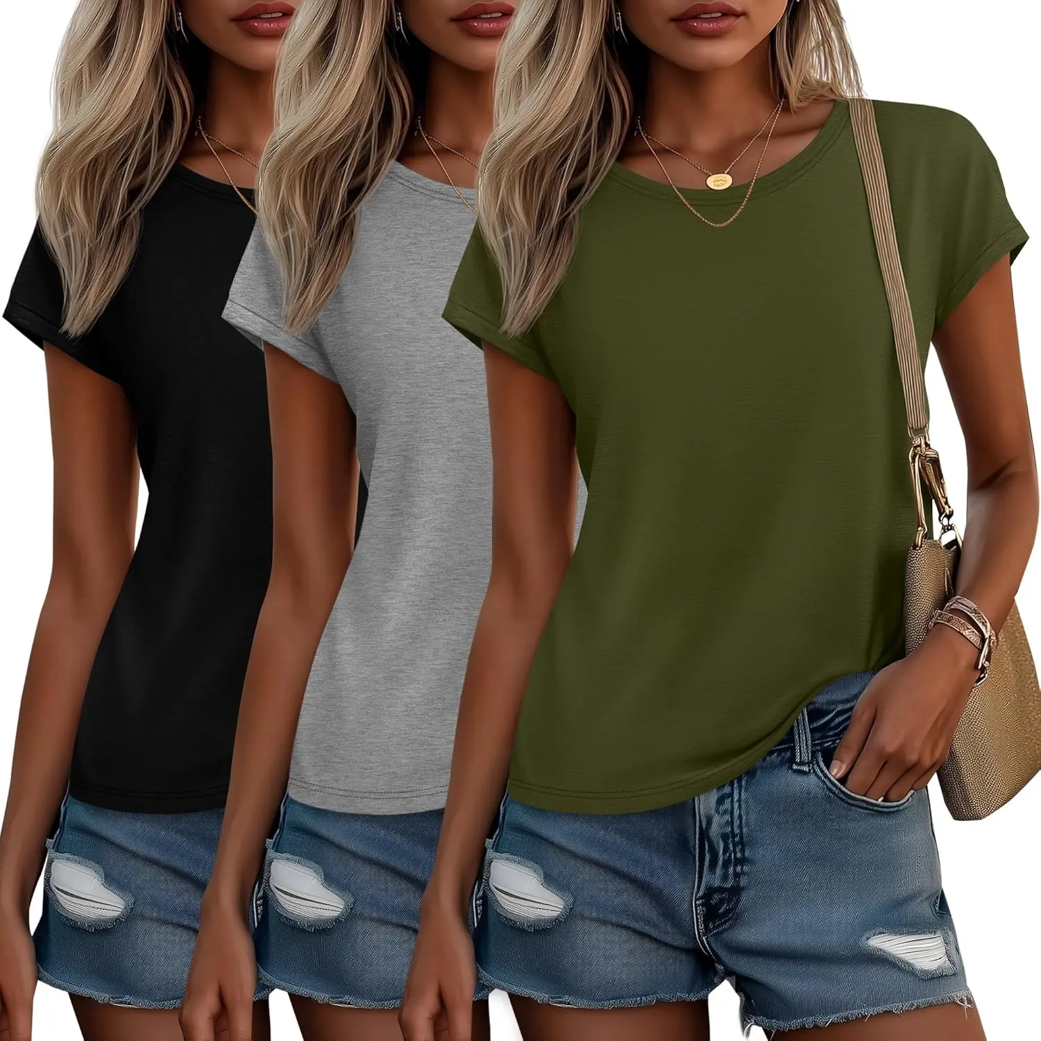 Huukeay 3 Pack Women's Cap Sleeve Tops Basic Cotton Tee Shirts Summer Casual Crew Neck Trendy Clothes 2025 Fashion