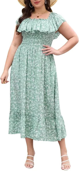 Keluummi Plus Size Summer Maxi Dresses for Curvy Women, Casual Floral Long Empire Waist Wedding Guest Sundress with Pockets