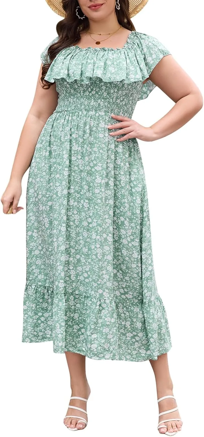 Keluummi Plus Size Summer Maxi Dresses for Curvy Women, Casual Floral Long Empire Waist Wedding Guest Sundress with Pockets