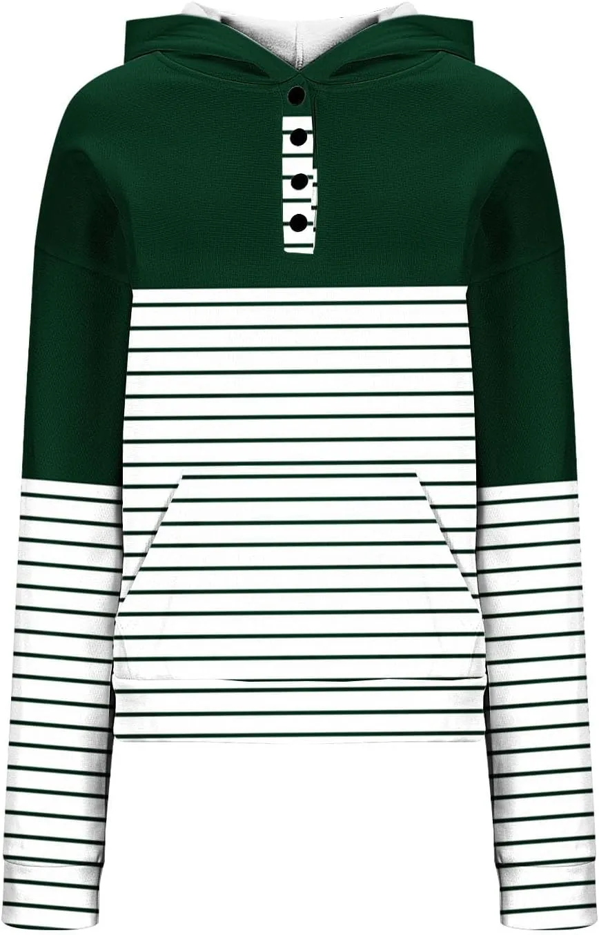 Ladies Stripes Hoodie Women Color Block Hoody Shirt Sweatshirt V Neck Sweater Top with Buttons Long Sleeve Pullover