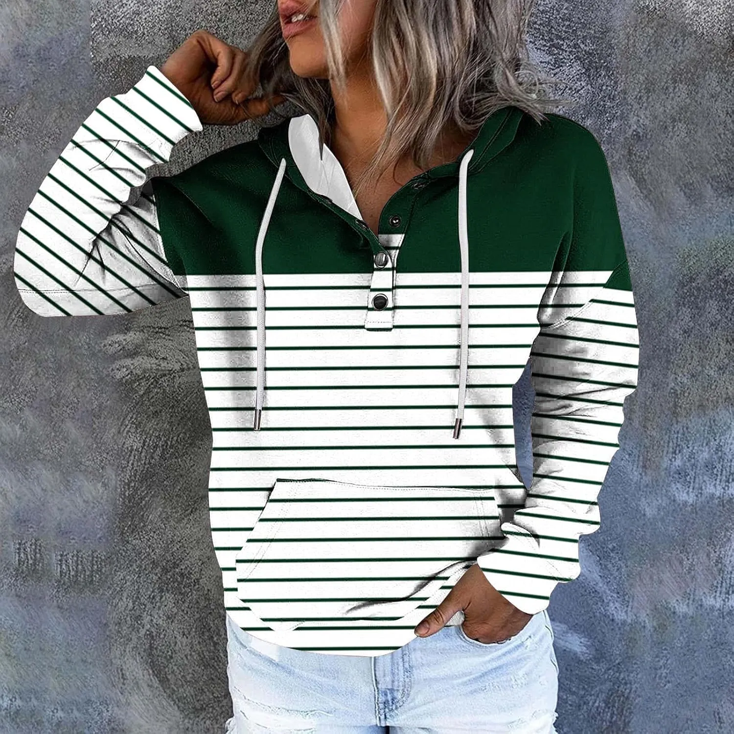 Ladies Stripes Hoodie Women Color Block Hoody Shirt Sweatshirt V Neck Sweater Top with Buttons Long Sleeve Pullover