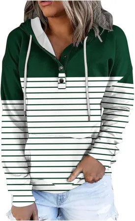 Ladies Stripes Hoodie Women Color Block Hoody Shirt Sweatshirt V Neck Sweater Top with Buttons Long Sleeve Pullover