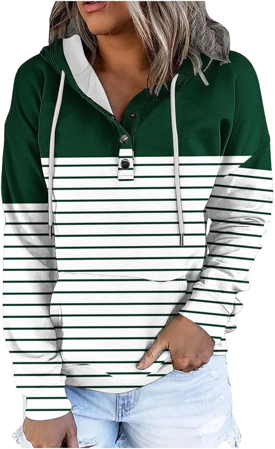 Ladies Stripes Hoodie Women Color Block Hoody Shirt Sweatshirt V Neck Sweater Top with Buttons Long Sleeve Pullover