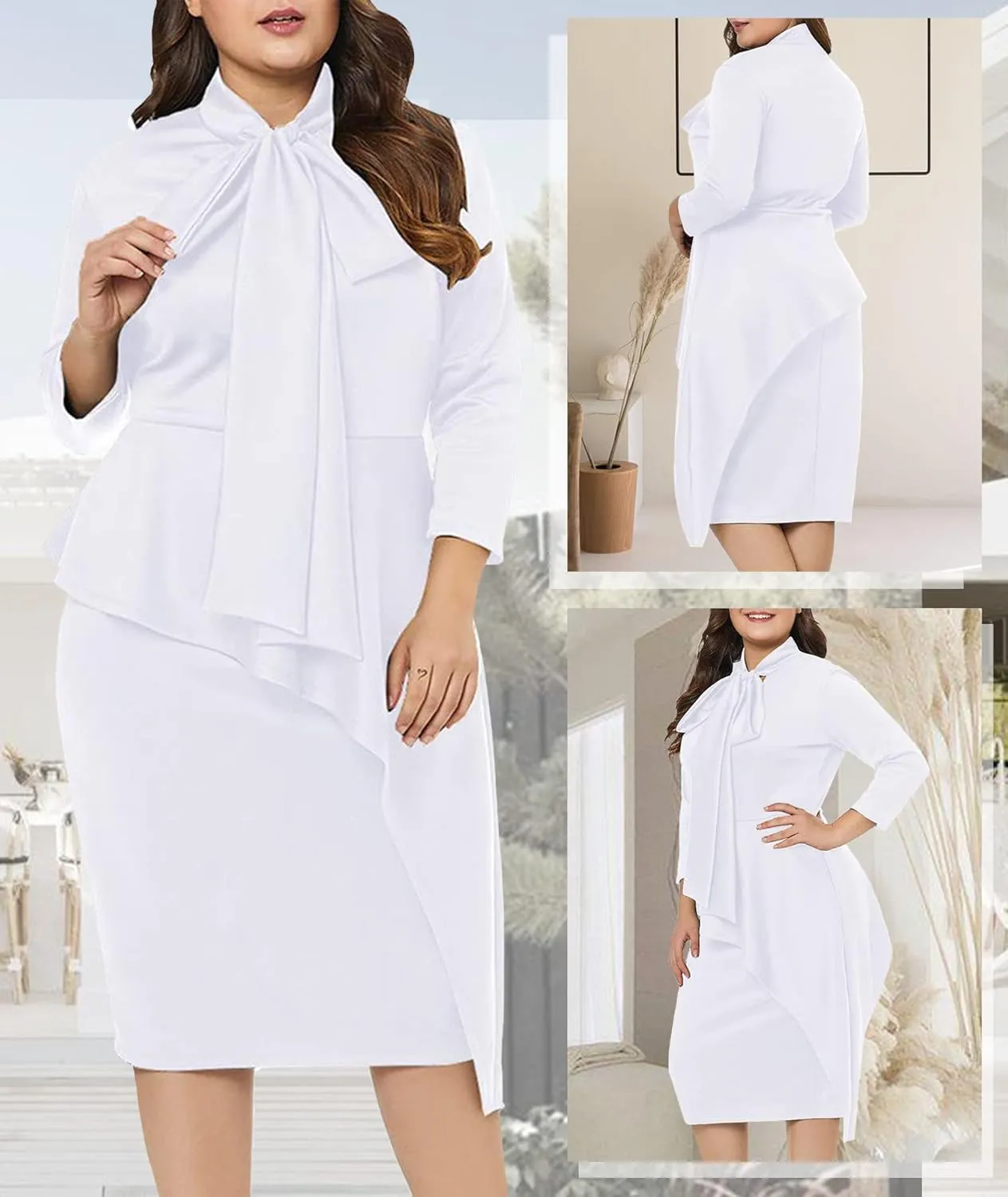 LALAGEN Women's Plus Size Long Sleeve Peplum Tie Neck Bodycon Pencil Midi Dress