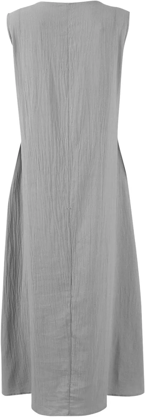 Linen Cotton Beach Dress for Women 2025 Summer Button Shirt Dress Casual Round Neck Dressy Trendy Long Dresses