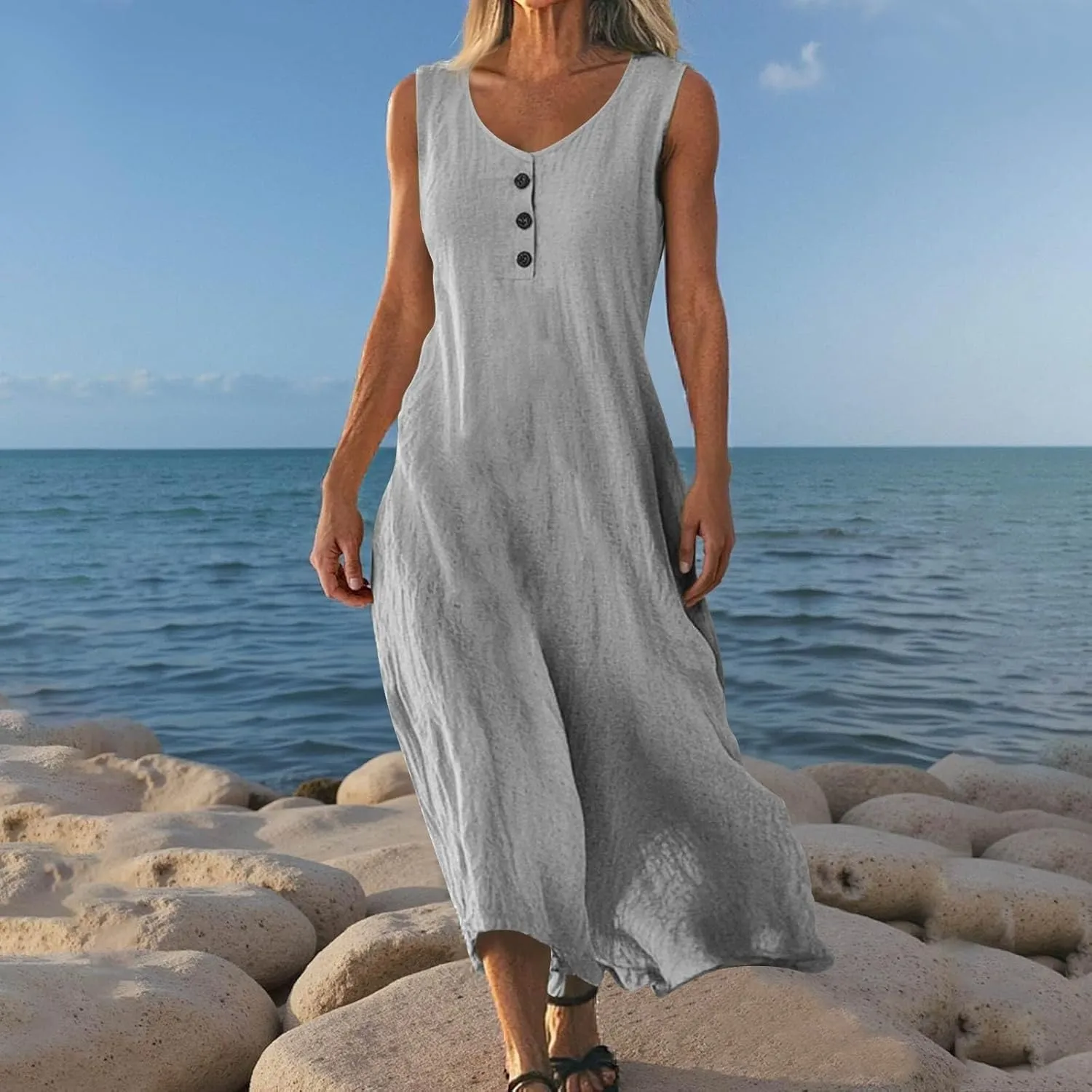 Linen Cotton Beach Dress for Women 2025 Summer Button Shirt Dress Casual Round Neck Dressy Trendy Long Dresses