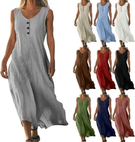 Linen Cotton Beach Dress for Women 2025 Summer Button Shirt Dress Casual Round Neck Dressy Trendy Long Dresses