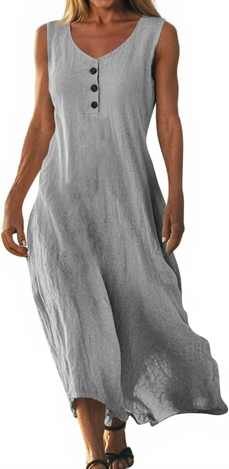 Linen Cotton Beach Dress for Women 2025 Summer Button Shirt Dress Casual Round Neck Dressy Trendy Long Dresses