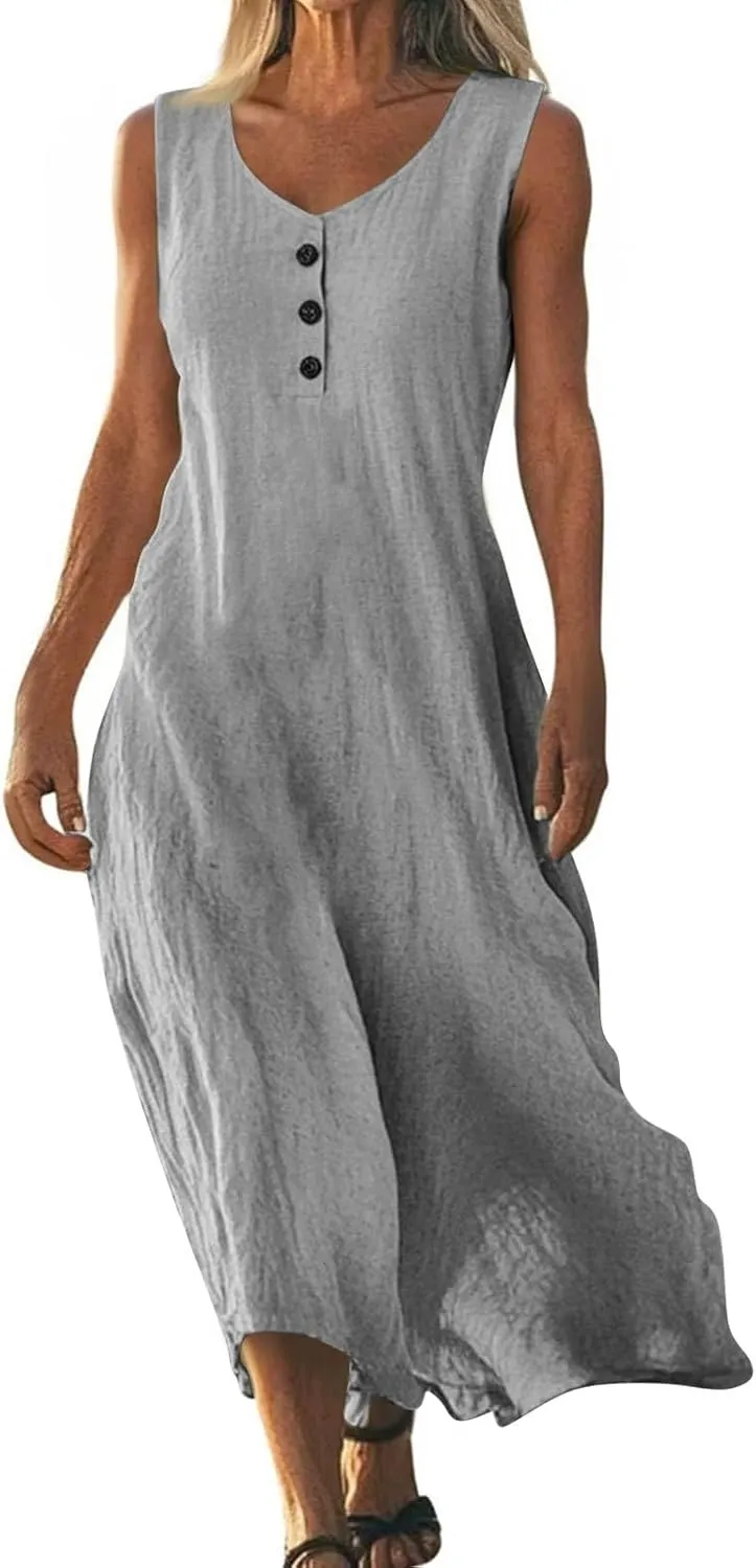 Linen Cotton Beach Dress for Women 2025 Summer Button Shirt Dress Casual Round Neck Dressy Trendy Long Dresses