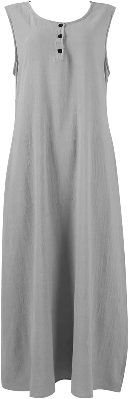 Linen Cotton Beach Dress for Women 2025 Summer Button Shirt Dress Casual Round Neck Dressy Trendy Long Dresses