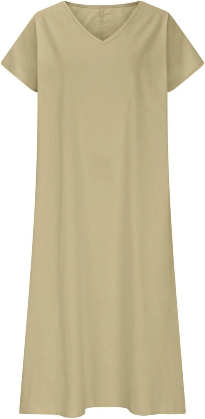 Linen Dresses for Women 2025 Trendy Casual V Neck Long Maxi Dress Flowy Summer Sundresses Beach Vacation Clothes