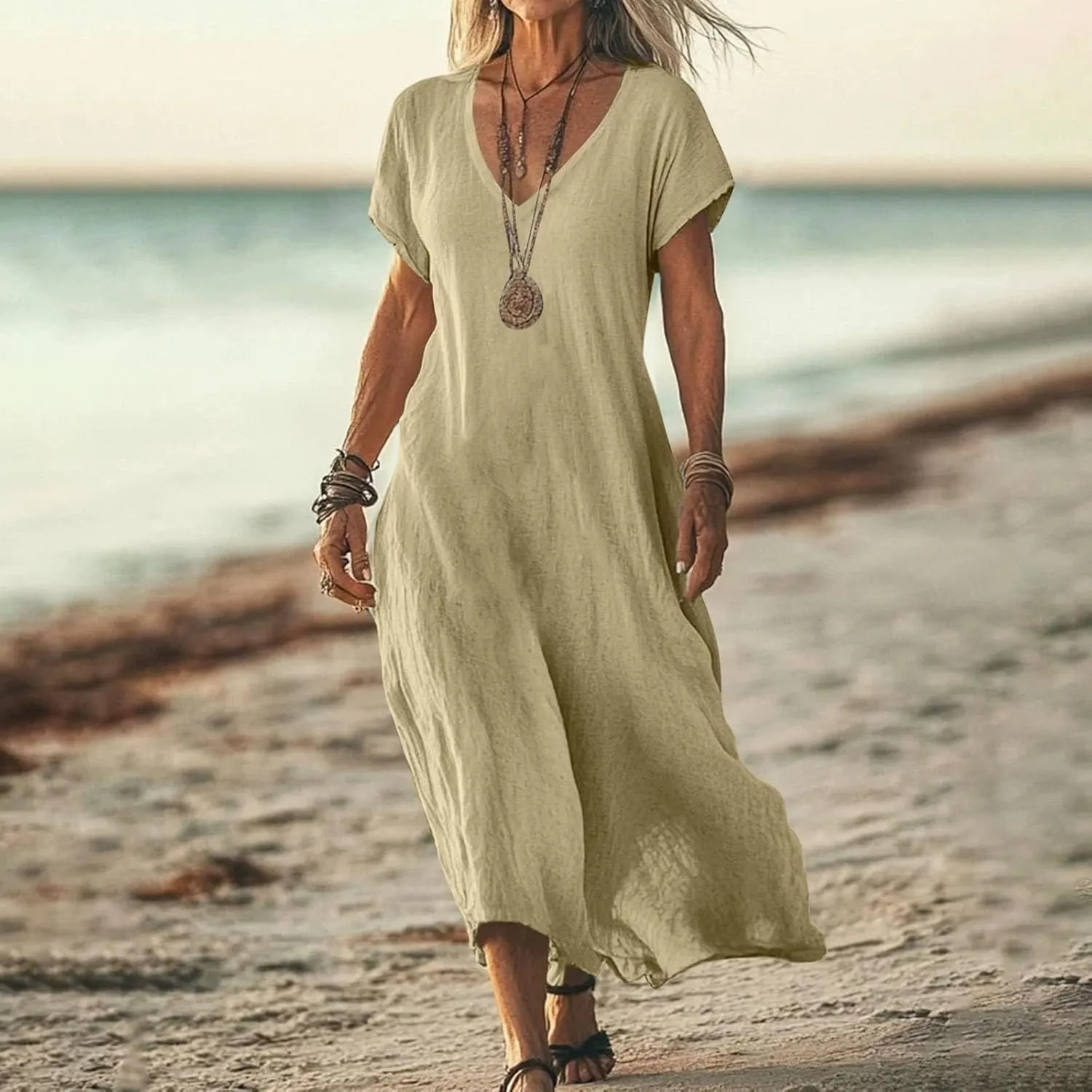 Linen Dresses for Women 2025 Trendy Casual V Neck Long Maxi Dress Flowy Summer Sundresses Beach Vacation Clothes