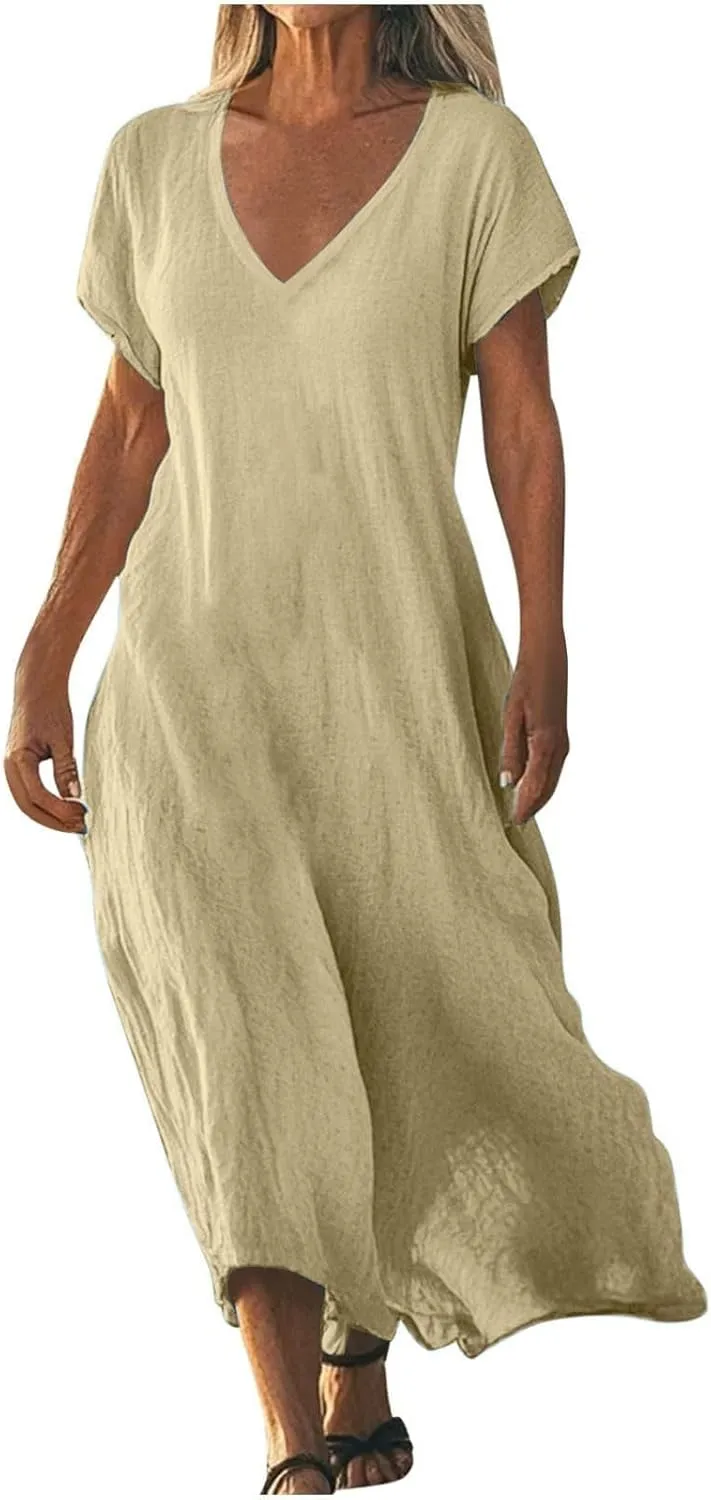 Linen Dresses for Women 2025 Trendy Casual V Neck Long Maxi Dress Flowy Summer Sundresses Beach Vacation Clothes