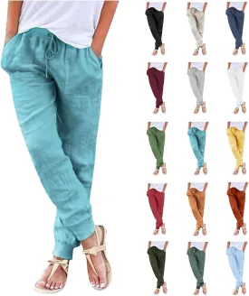 Linen Joggers for Women Tapered Ankle Pants Wide Leg Cargo Pants Drawstring Elastic Waist Casual Slacks with Pockets