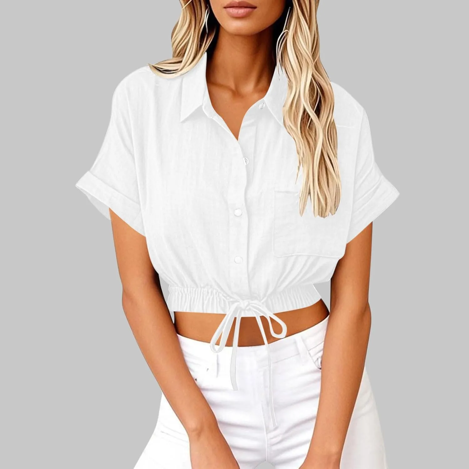 Linen Shirts for Women Casual Sexy Crop Tops Short Sleeve Button Down Blouses V Neck Loose Fit Trendy Tees Shirt