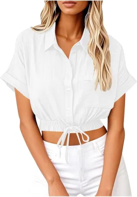 Linen Shirts for Women Casual Sexy Crop Tops Short Sleeve Button Down Blouses V Neck Loose Fit Trendy Tees Shirt