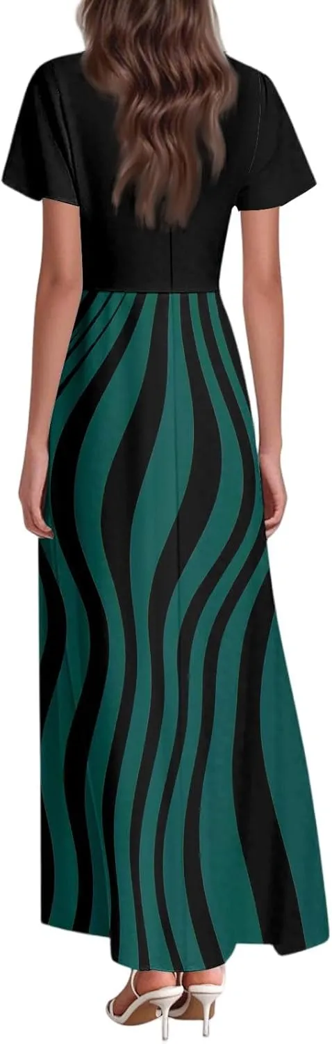 Long Maxi Dresses for Women Elegant 2025 Vacation V Neck Floral Summer Flowy Short Sleeve Empire Waist Dress