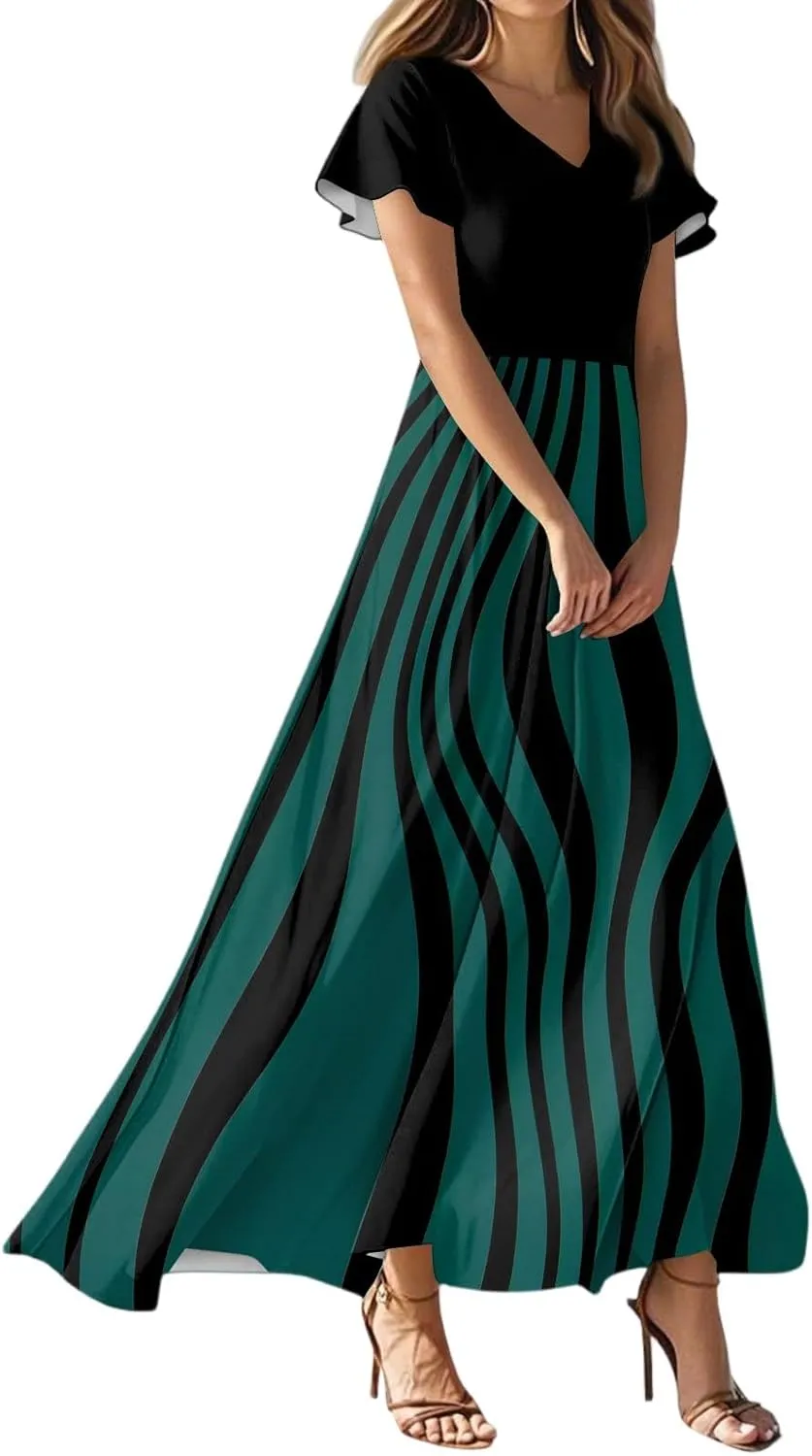 Long Maxi Dresses for Women Elegant 2025 Vacation V Neck Floral Summer Flowy Short Sleeve Empire Waist Dress