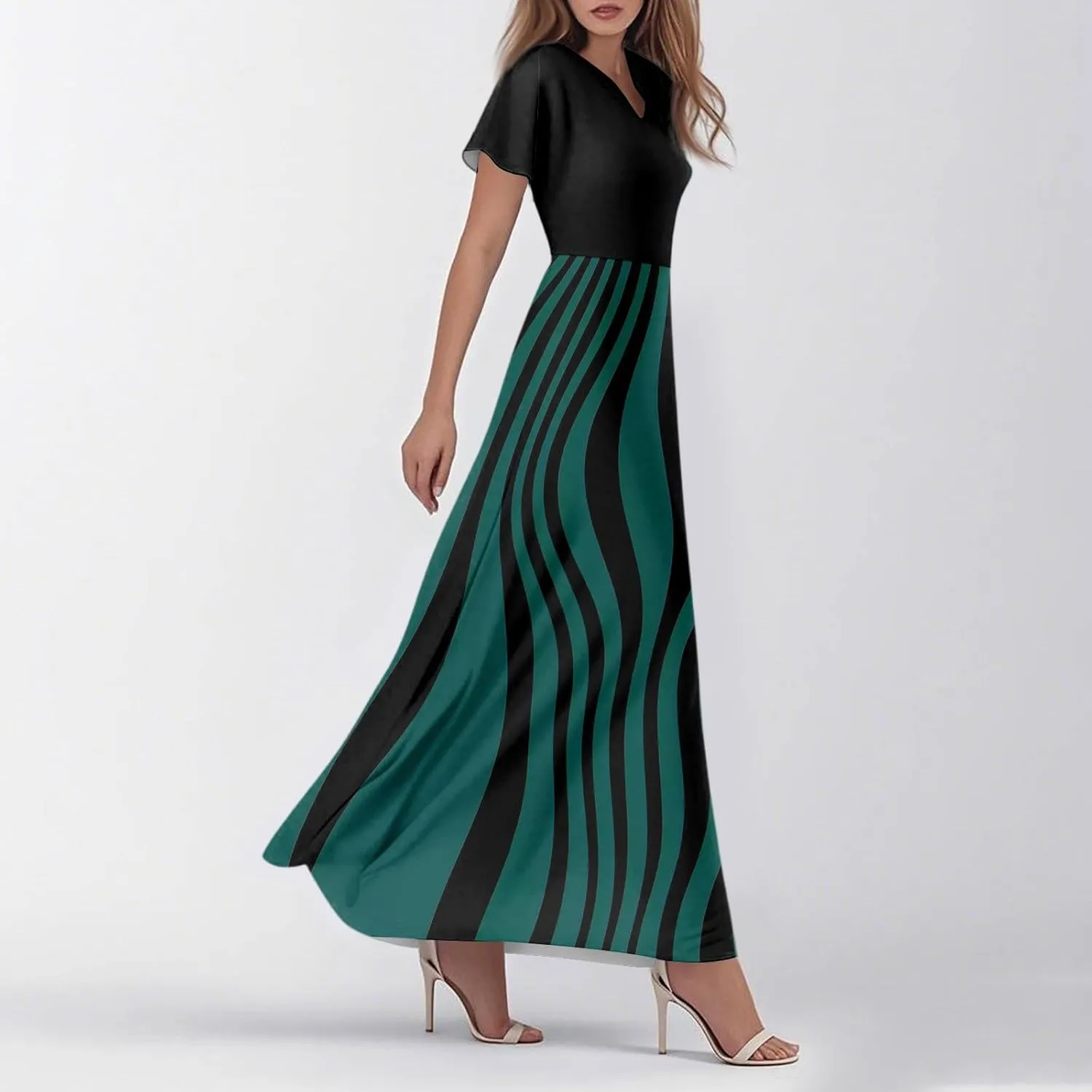 Long Maxi Dresses for Women Elegant 2025 Vacation V Neck Floral Summer Flowy Short Sleeve Empire Waist Dress